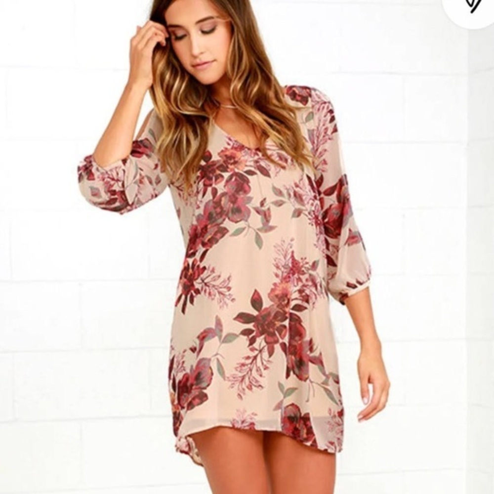 Lulu's Pink Floral V Neck Cold Shoulder Mini Shift Dress Size Small